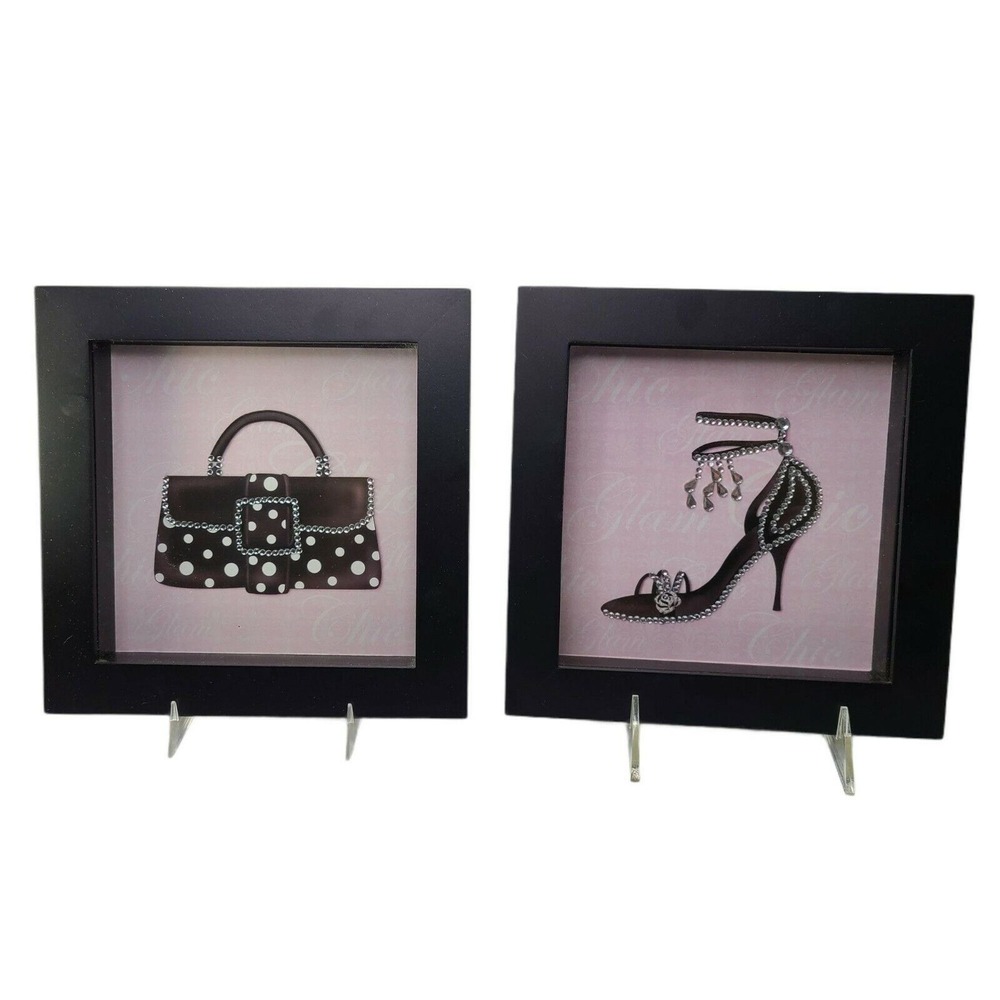 Girls Room Wall Decor 2 Framed High Heel‎ and Purse Bejeweled Blingy Pink New